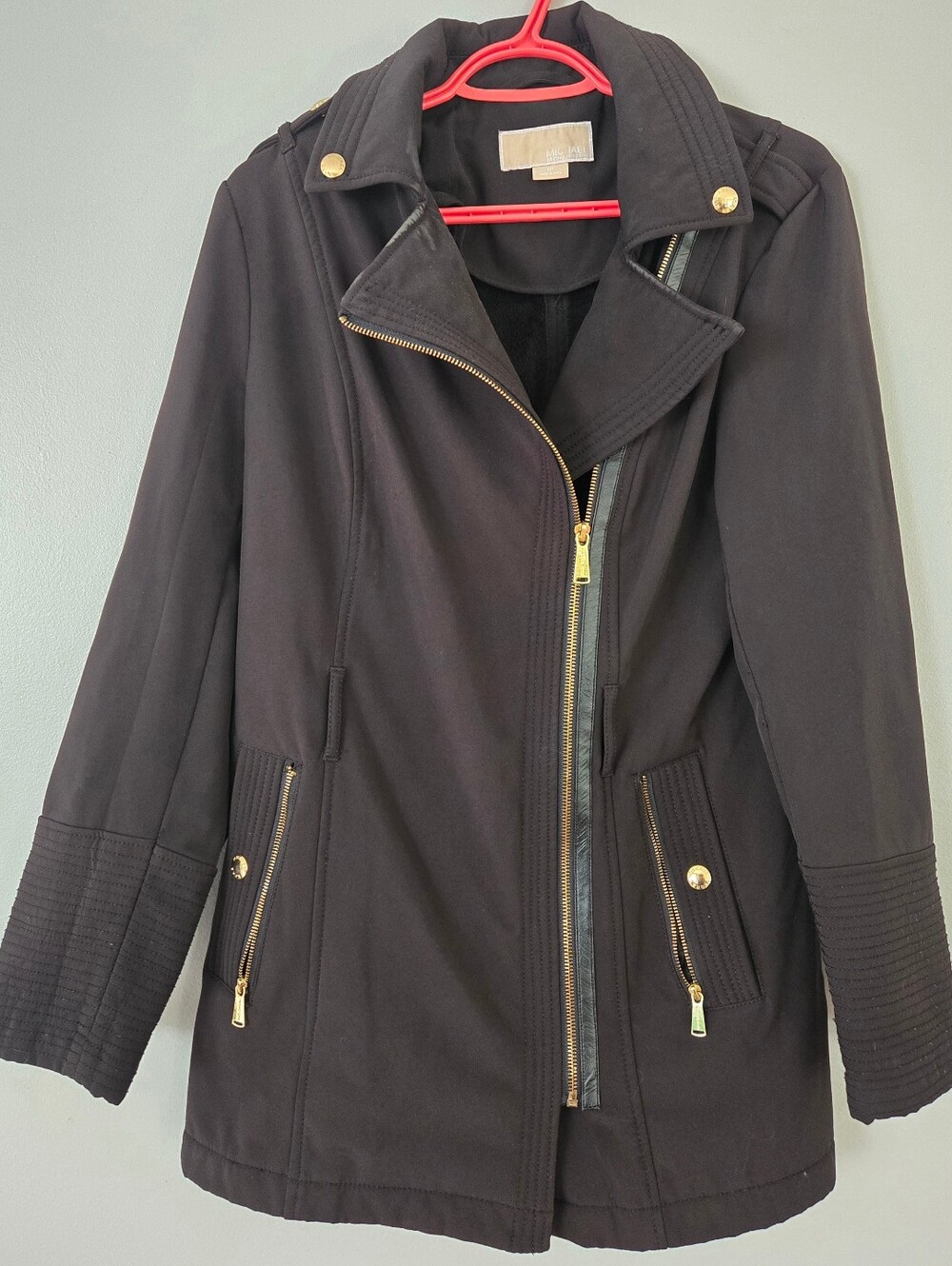 MICHAEL Michael Kors Black Asymmetrical Softshell Rain Jacket Gold Zip Size S